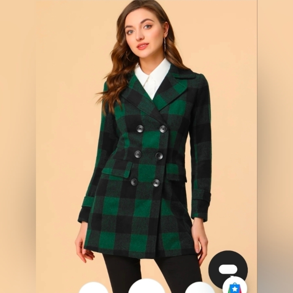 Allegra K Buffalo Checks Double Breasted Notched Lapel Plaid Trench Pea Coat